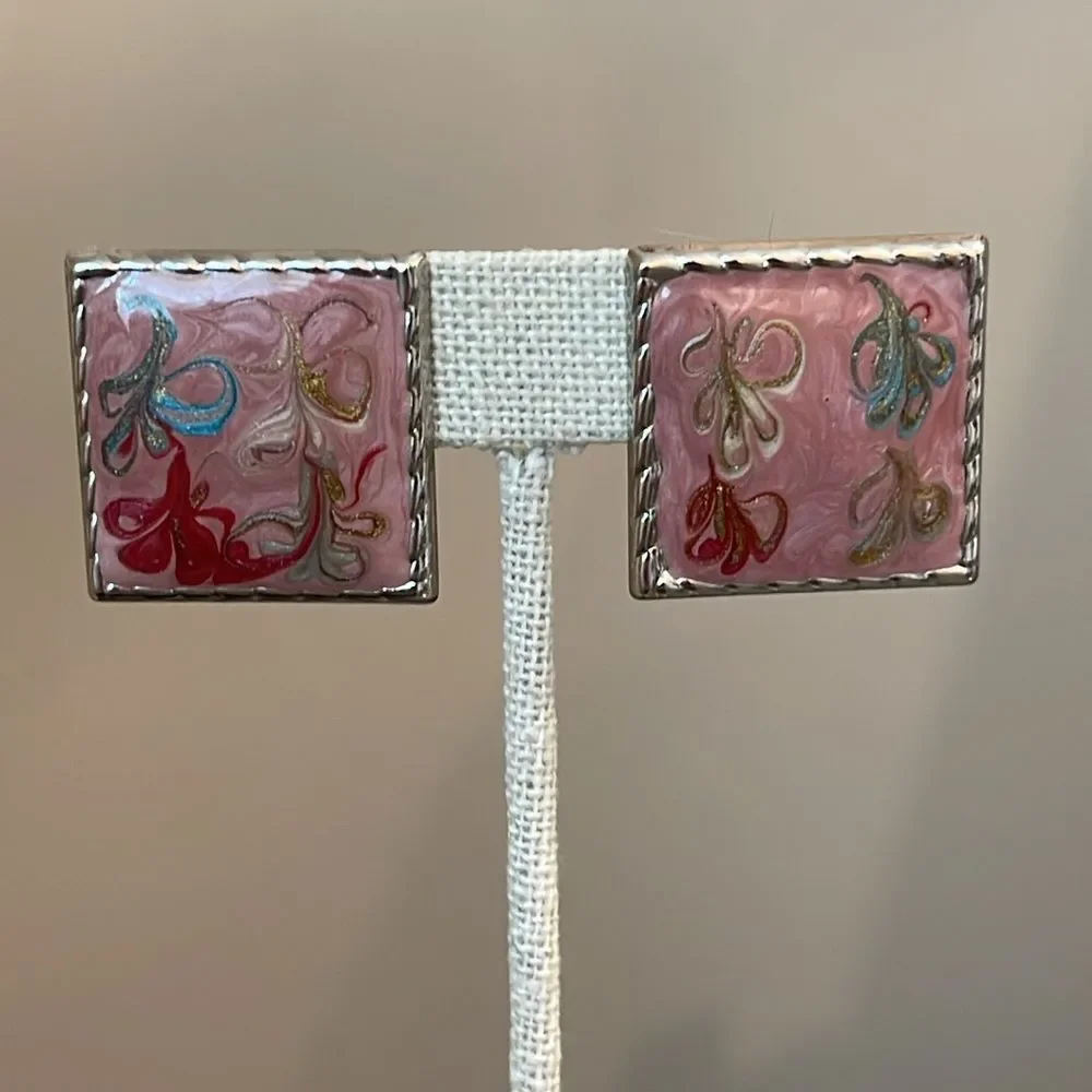 Vintage Square Rose Pink Swirled Pearlized Enamel Clip Earrings